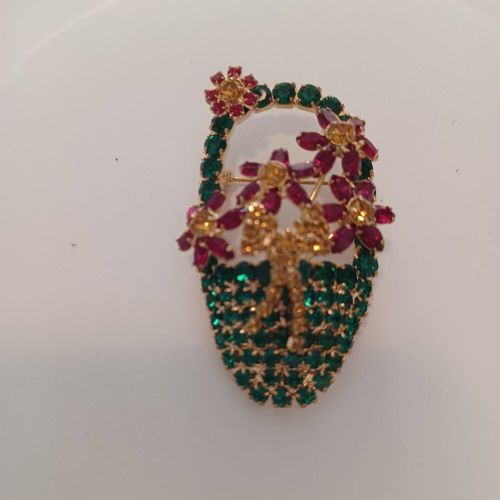 Vintage Rhinestone Flower Basket Brooch Red Green Yellow Unsigned